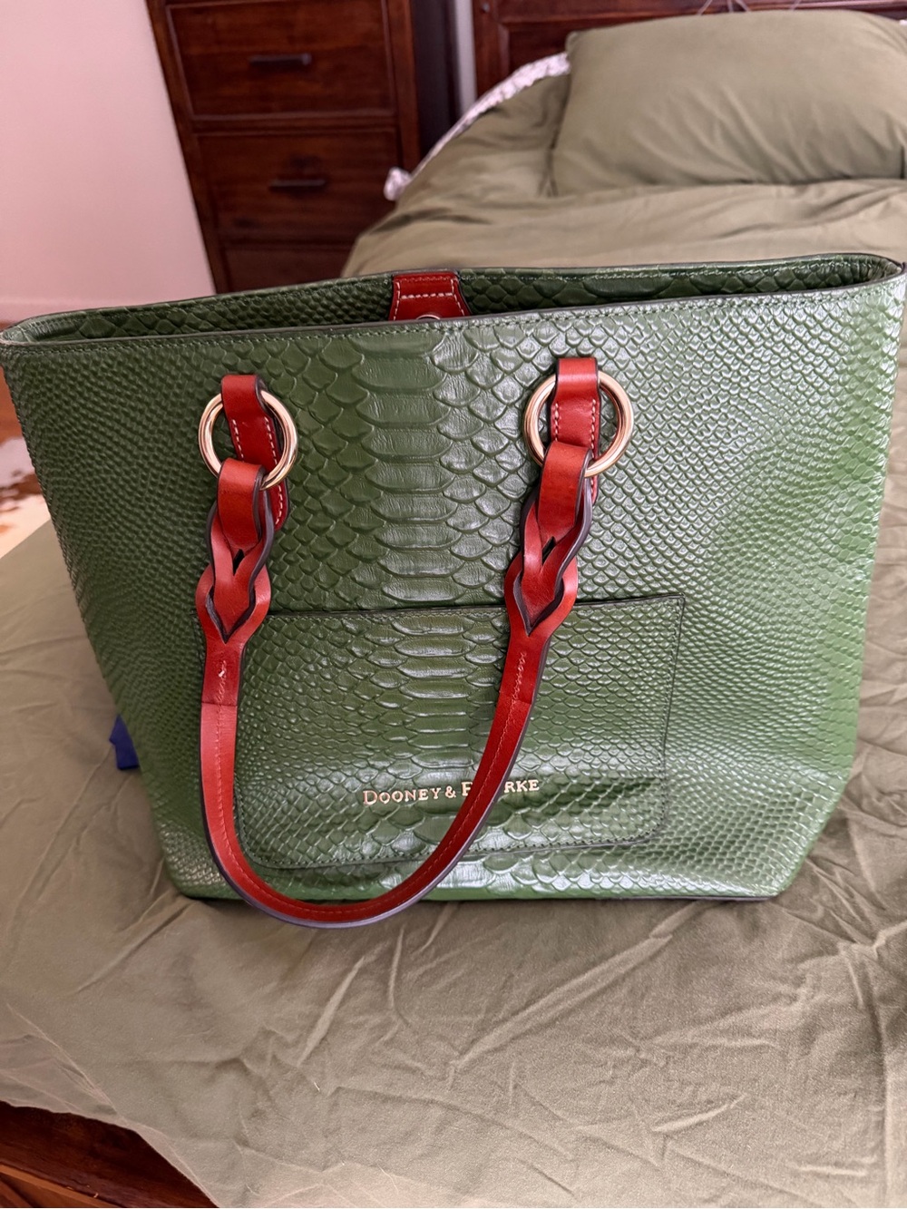 Dooney & Bourke Green Faux-Snake Tote with Red Handles